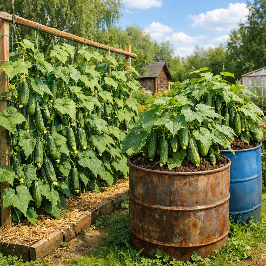 Выращивание огурцов на шпалерах и в бочках