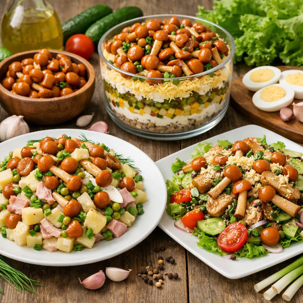 Салат с маринованными опятами - 3 лучших рецепта