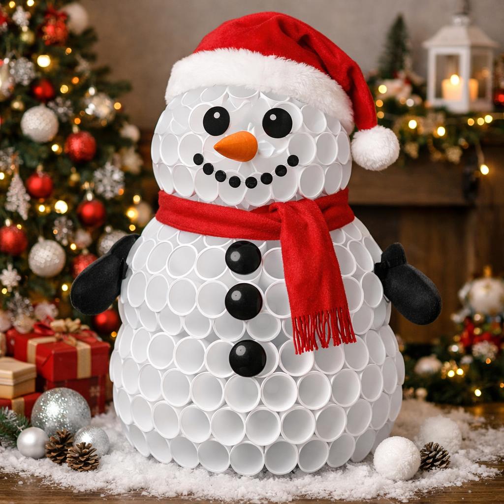 Снеговик из пластиковых стаканчиков Снеговик из пластиковых стаканчиков