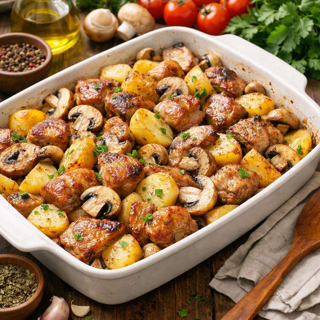 Как запечь свинину с картошкой и грибами в духовке