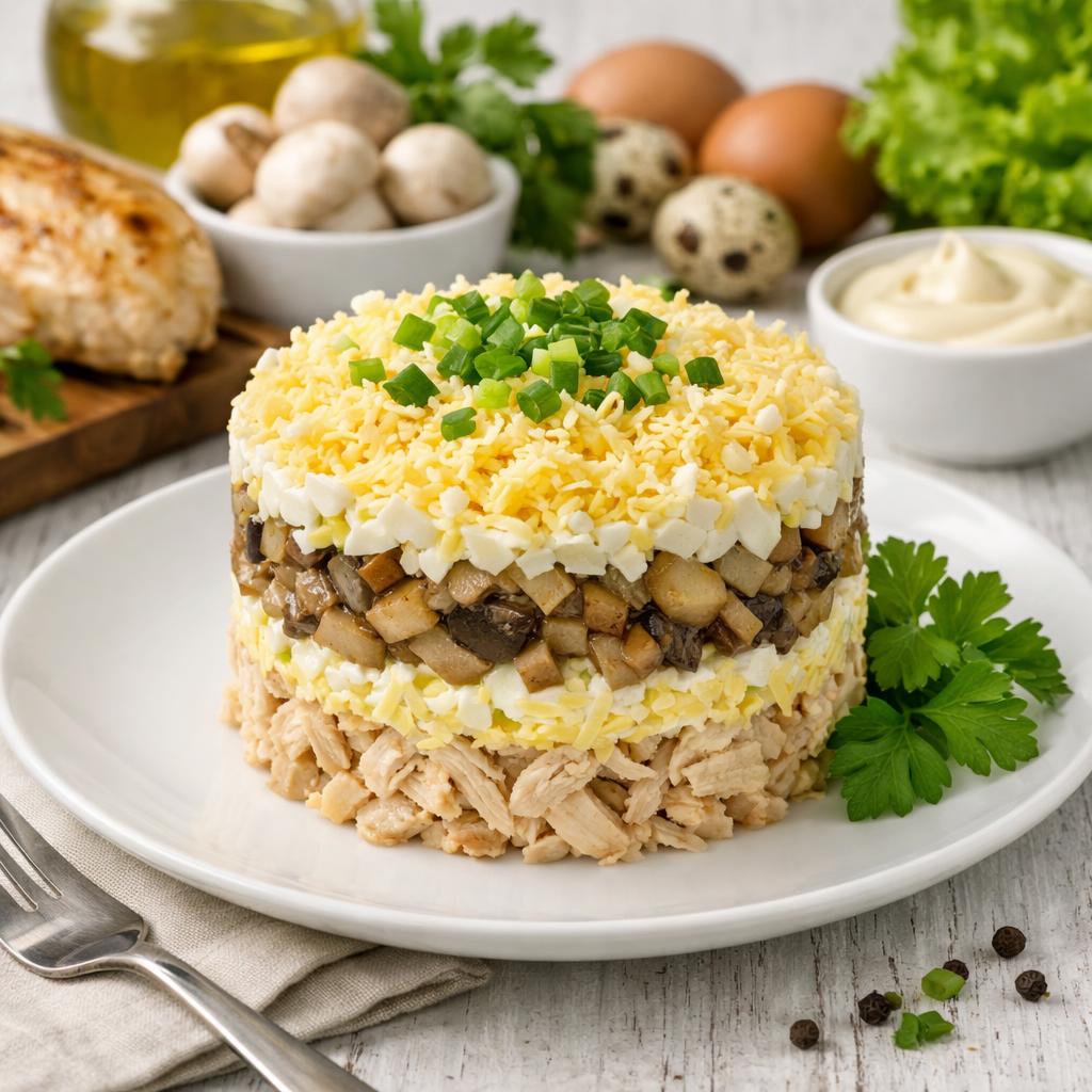 Салат "Сказка" с курицей и грибами