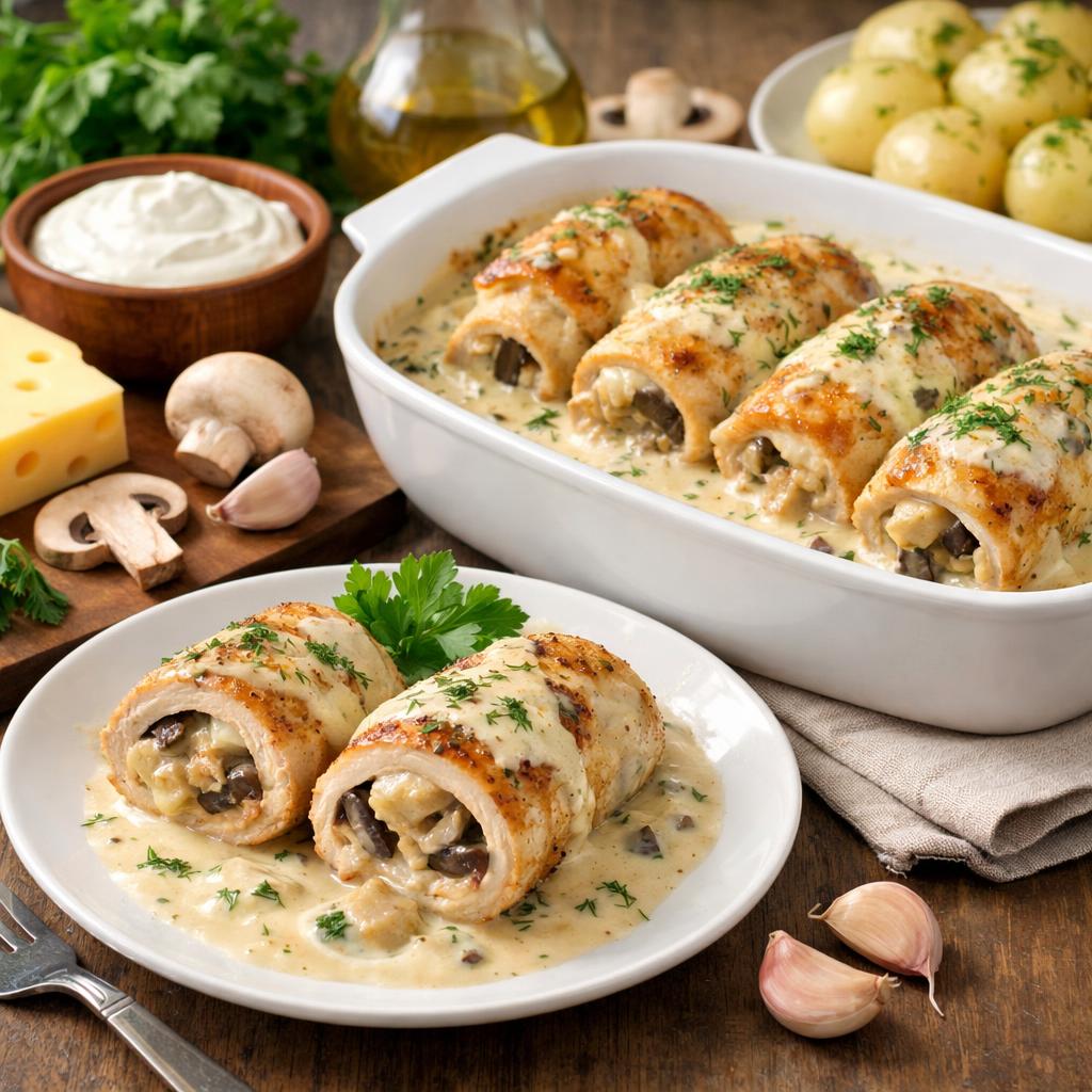 Как приготовить куриные рулетики с грибами и сыром в сметанном соусе